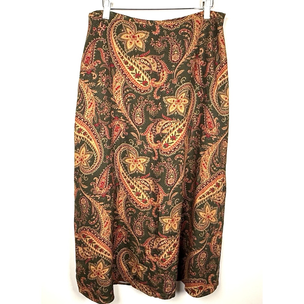 Vintage Worthington Paisley Midi Skirt Green & Burgundy Size 12 Petite Boho Fall